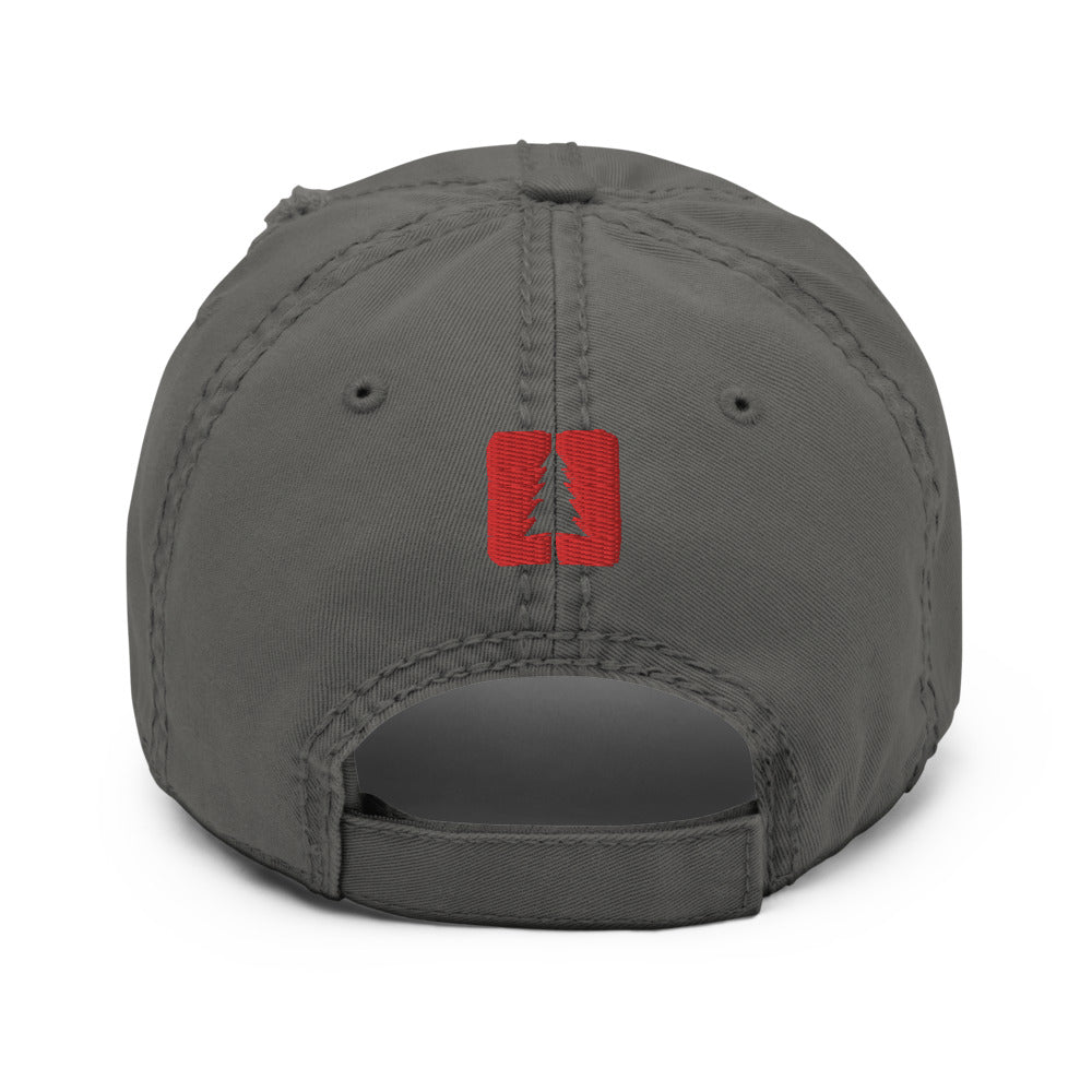 photograph of the back of a grey baseball cap with the round pond getaway logo embroidered in red
