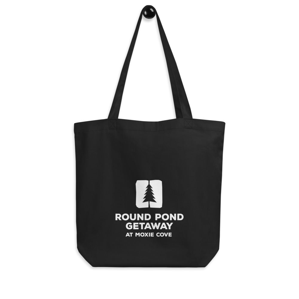 black cloth tote bag with the round pond getaway white logo printed on it