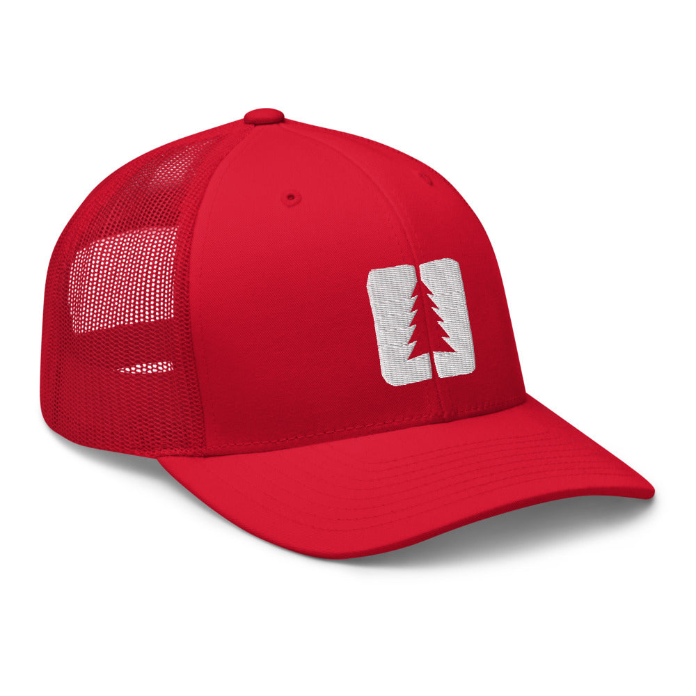 side view of red trucker hat with the white round pond getaway logo embroidered