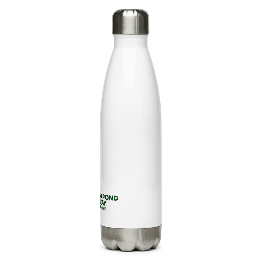 stainless steel white water bottle with the Round Pond Getaway logo printed in green