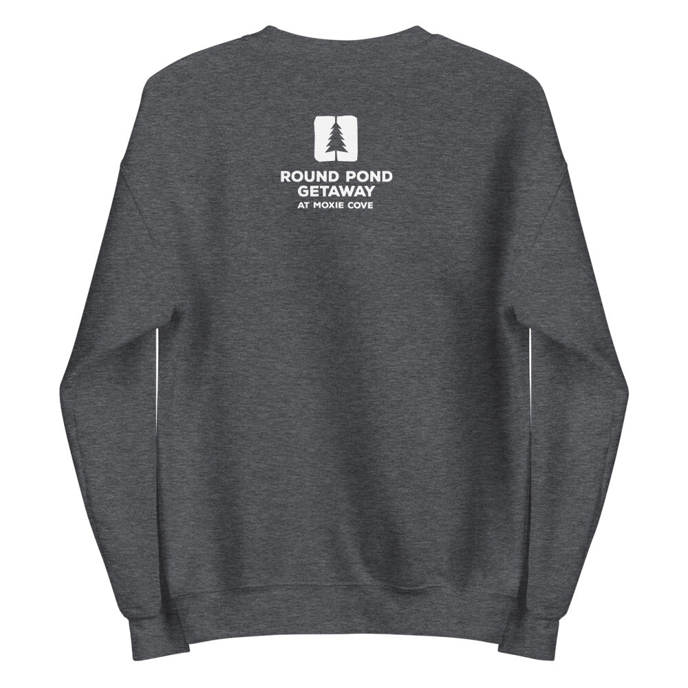 back side of grey crewneck sweatshirt with the round pond getaway logo printed in white