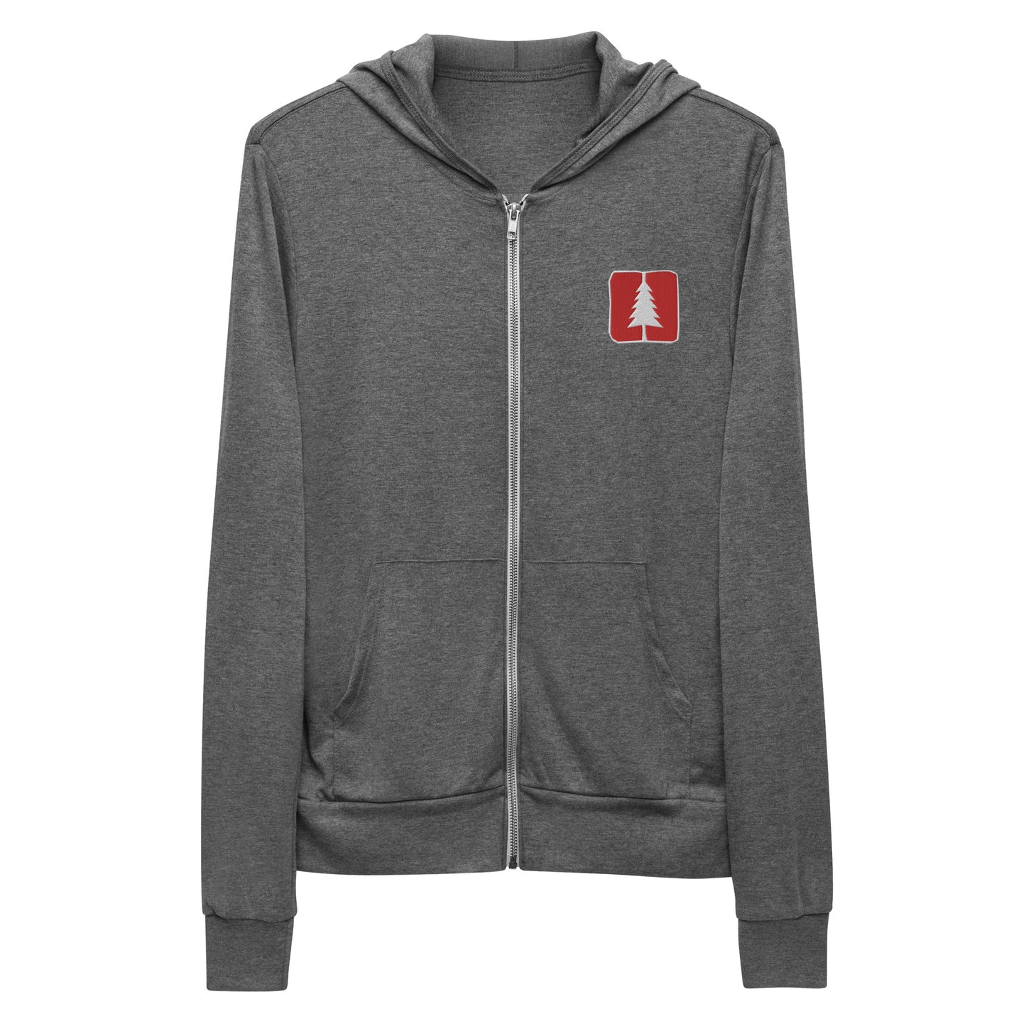 grey zip hoodie with the round pond getaway at moxie cove logo embroidered in red and white thread on the left chest