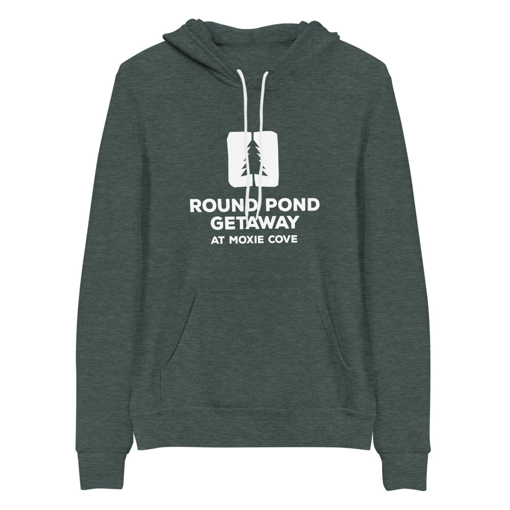 heather green pullover hoodie with round pond getaway logo in white.