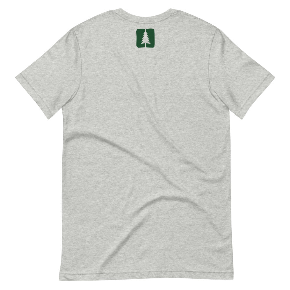 photograph of the back of a grey t-shirt with the round pond getaway logo printed in green at the top