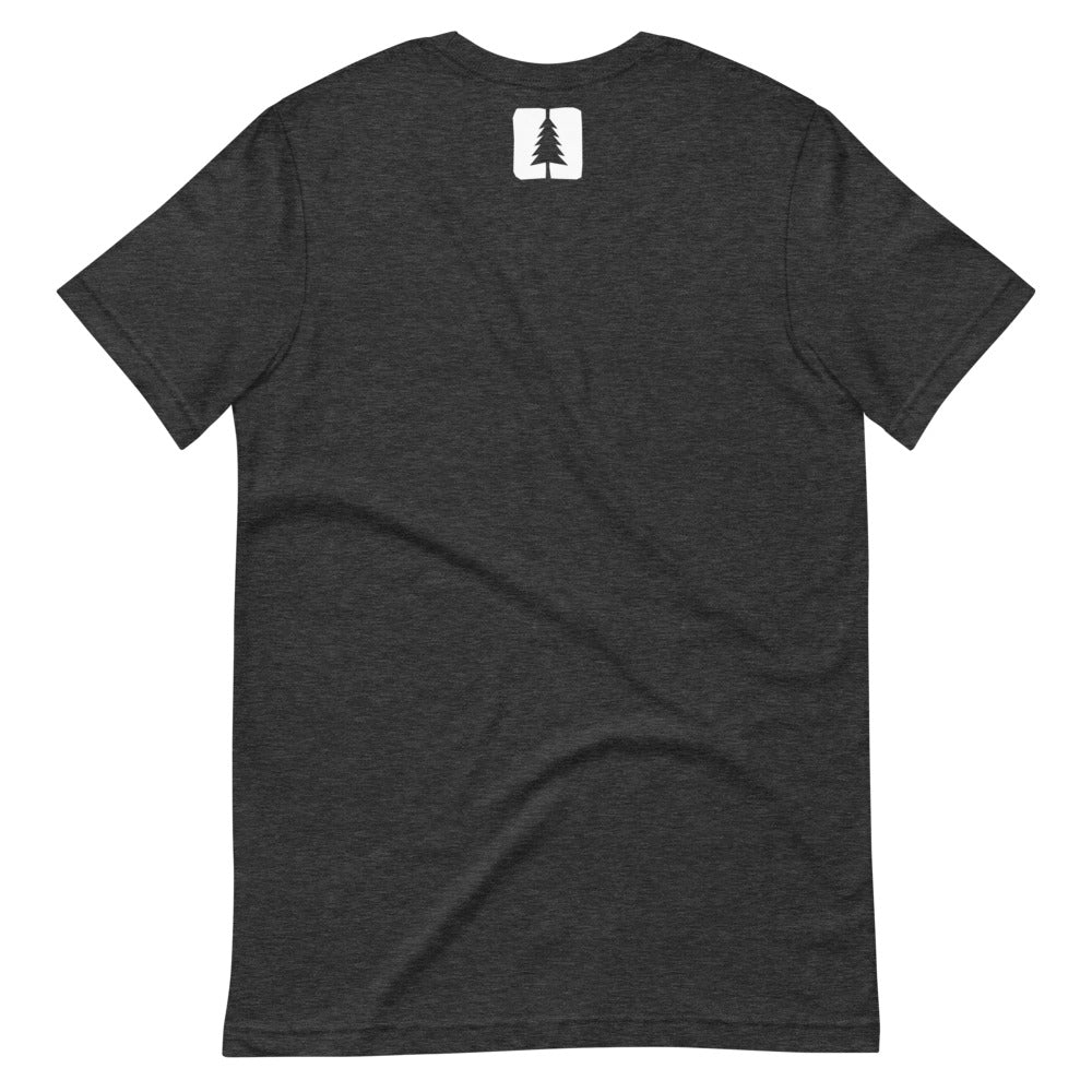photograph of the back of a dark grey t-shirt with the round pond getaway logo printed in white at the top