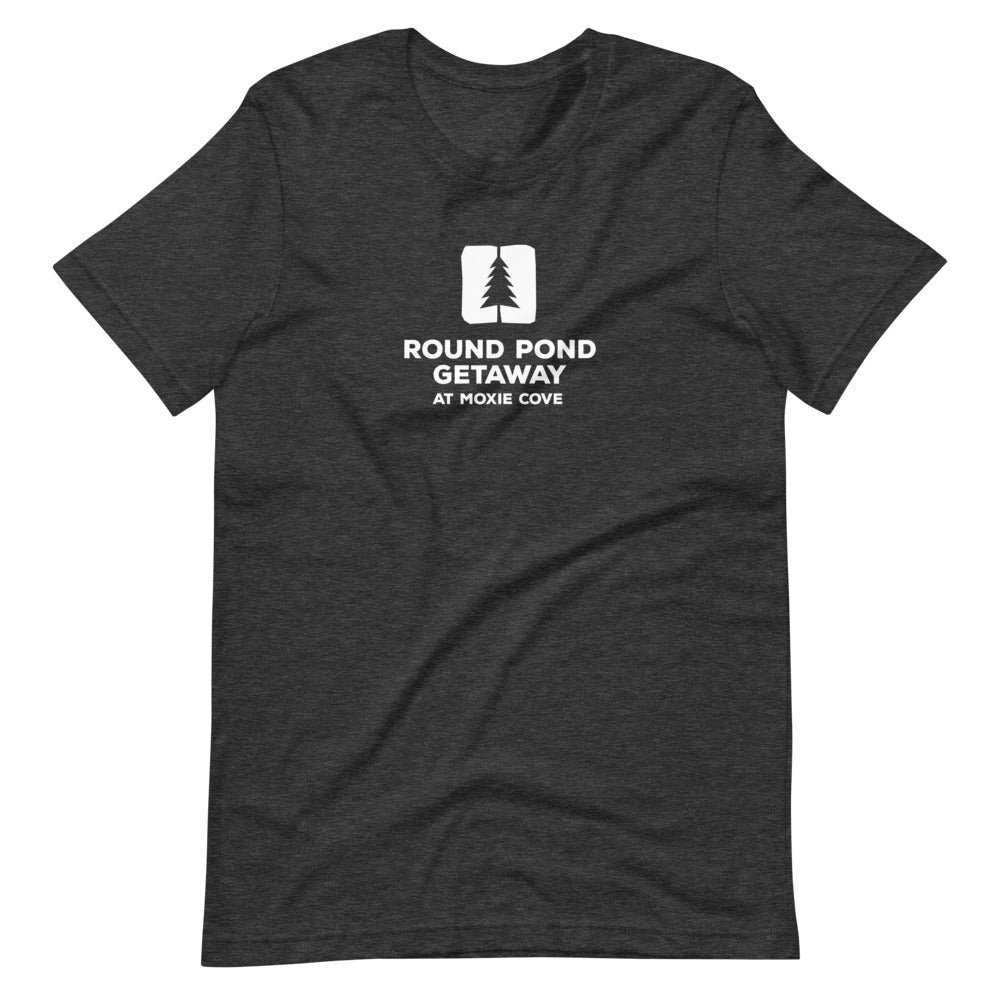 dark grey t-shirt with the round pond getaway logo in white