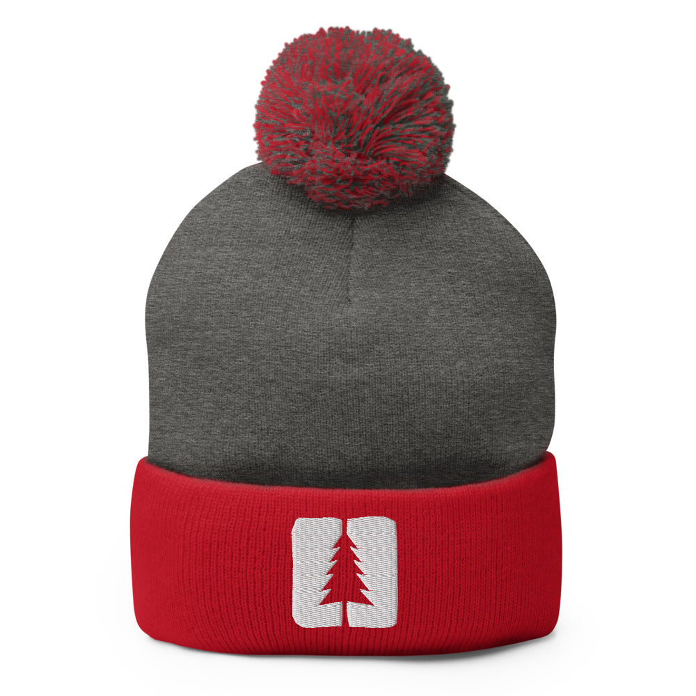 Pom pom beanie with the Round Pond Getaway logo embroidered in white. Grey with red.