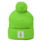 Pom pom beanie with the Round Pond Getaway logo embroidered in white. Neon green.