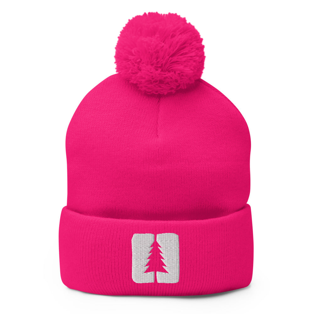 Pom pom beanie with the Round Pond Getaway logo embroidered in white. neon pink.