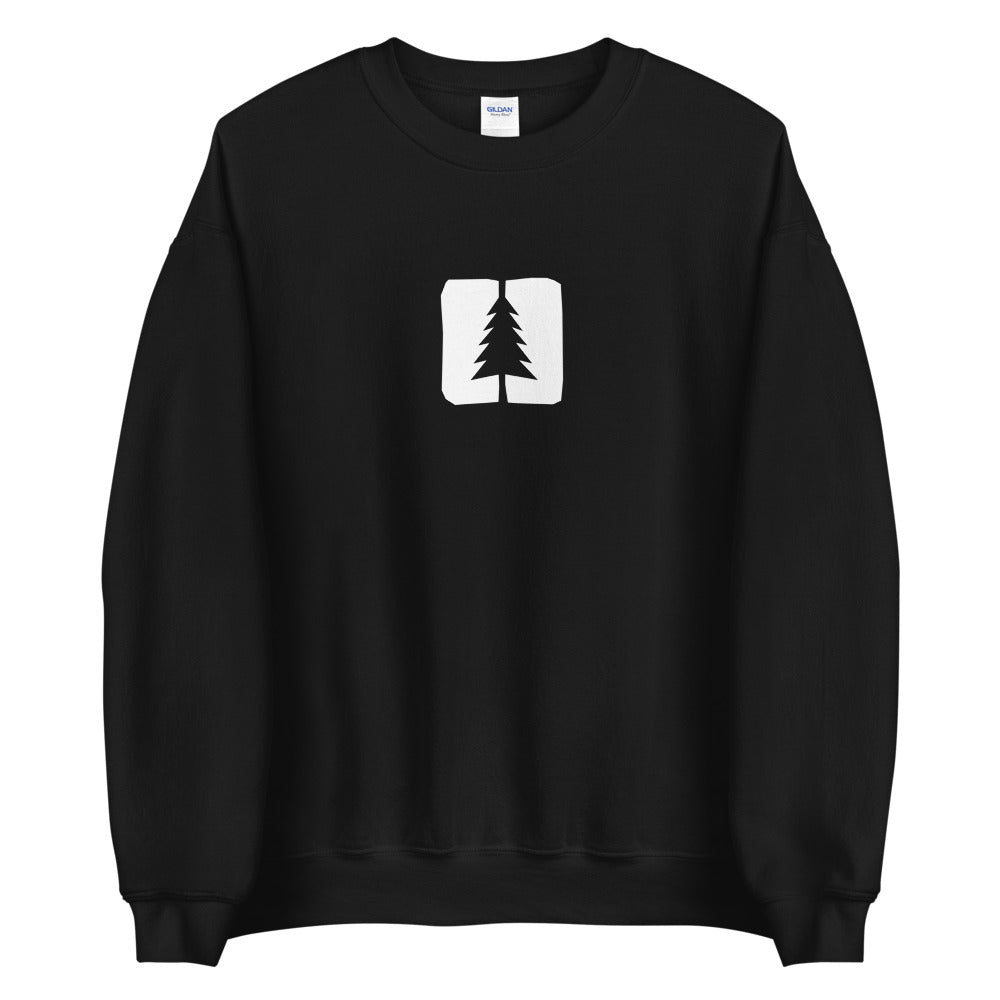 black crewneck sweatshirt with the round pond getaway logo mark printed in white